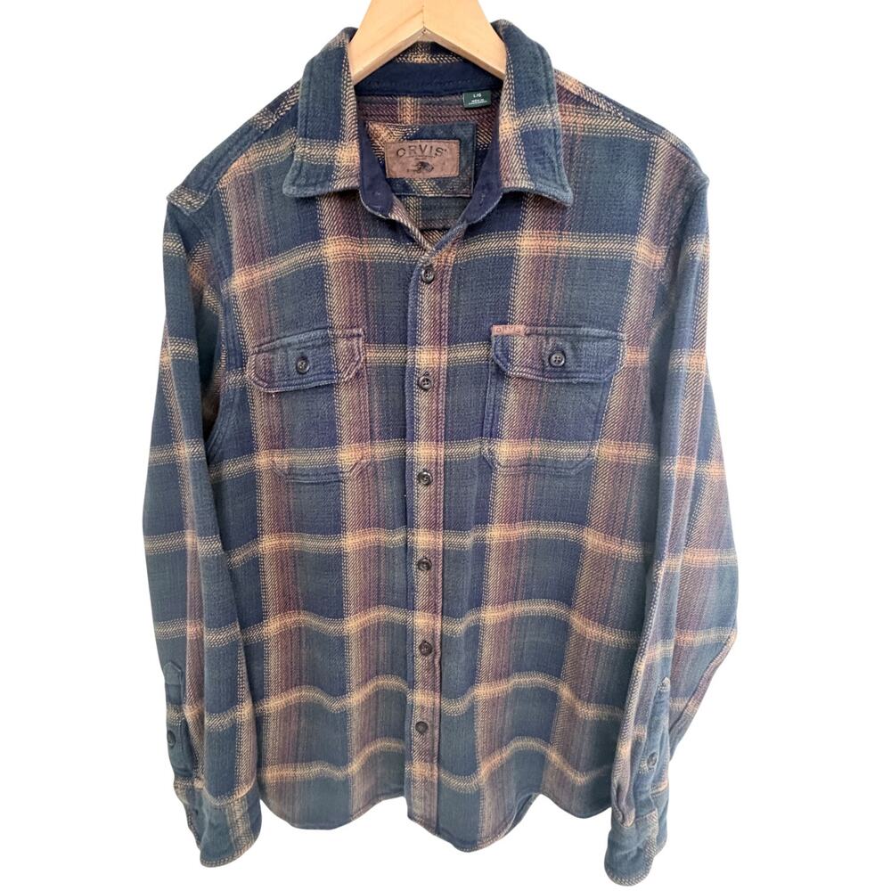Orvis Plaid Flannel Button Front Shirt Jacket Mens Large Blue Brown